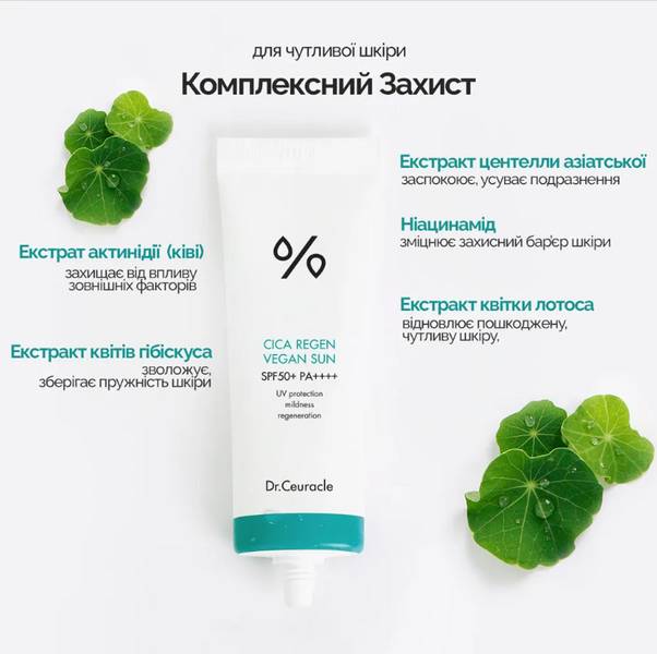 Сонцезахисний веганський крем з центелою азіатською Dr. Ceuracle Cica Regen Vegan Sun SPF50+ PA++++ (50 ml) 1211 фото